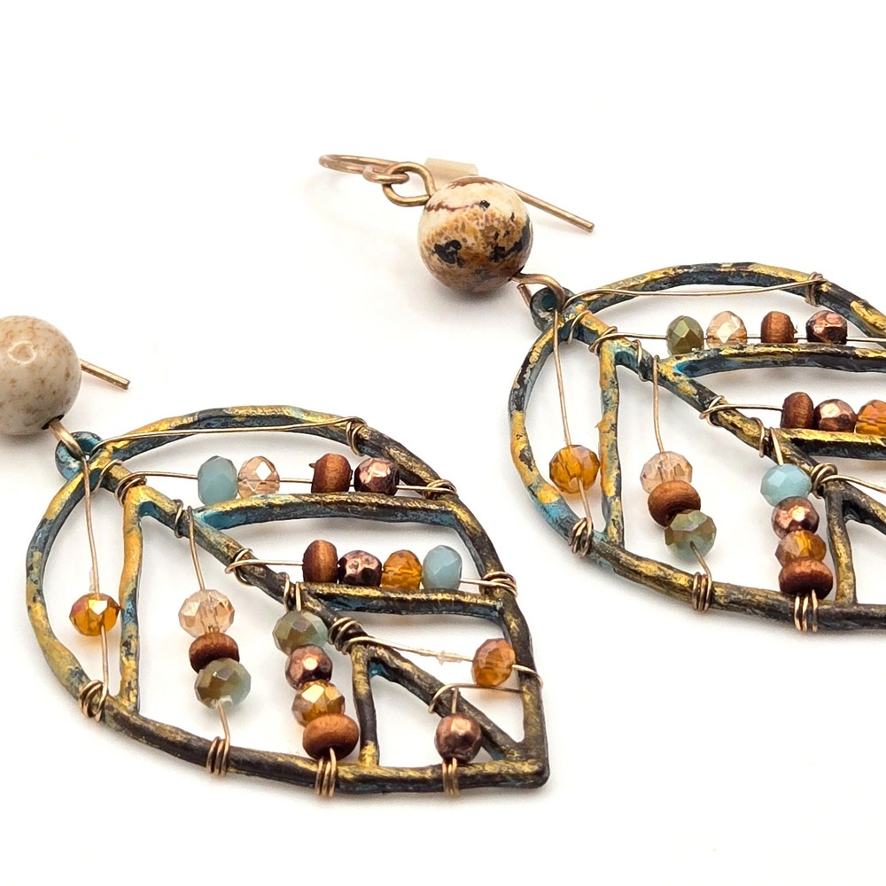 Boho Mixed Media Leaf Drop Earrings Wire Wrapped Beads Jasper Verdigris Finish